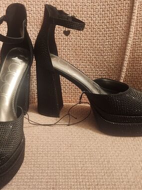 Sugar Black Rhinestone Platform Block Heels with Ankle Strap